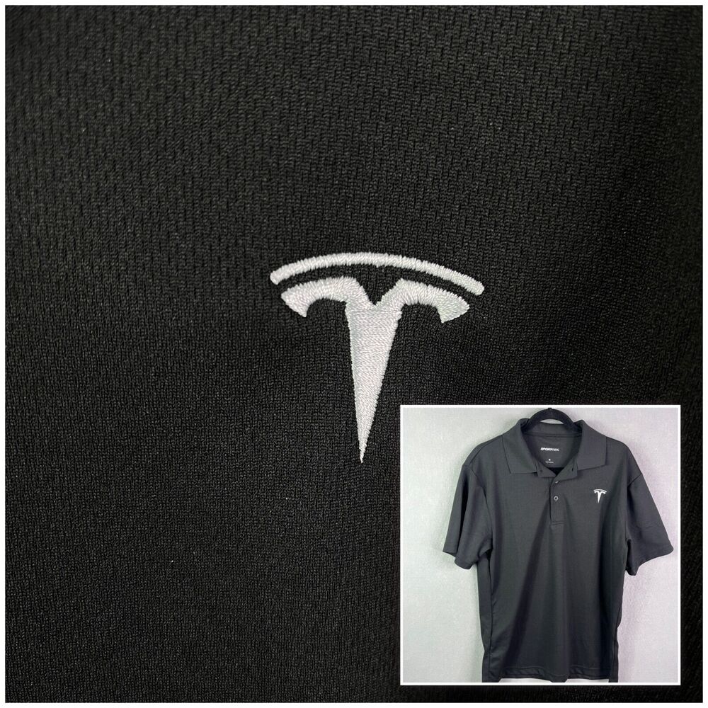 TESLA Polo Shirt Mens Medium Black Embroidered Logo Auto Uniform Golf